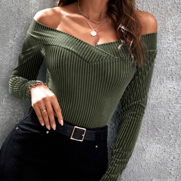 Bellanblue Tops - Army Green Off Shoulder Ribbed Fitted Sexy Top
